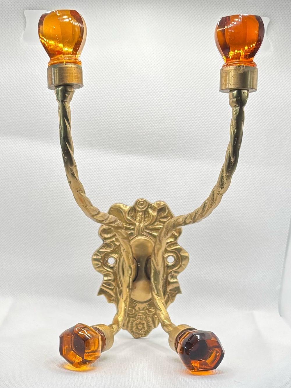 Vintage Brass Decorative Wall Hook 4 Faceted Amber Colored Knobs